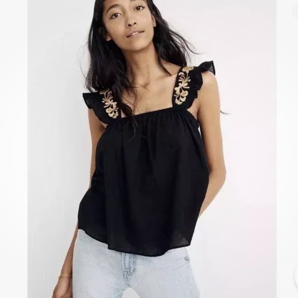 Madewell Black Blouse with Gold Embroidery